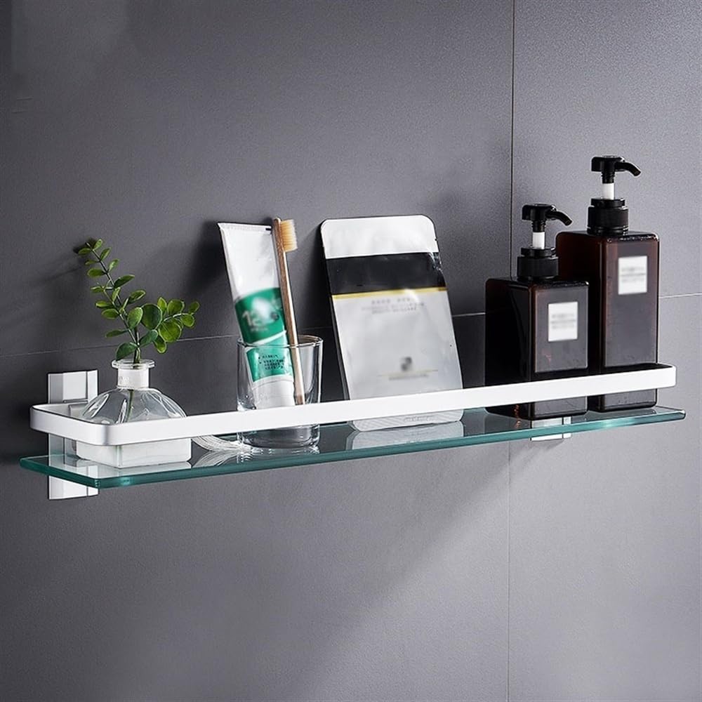 LUUYYI Estante de baño de cristal, estante de ducha de vidrio de 15.7 pulgadas con riel de aluminio, estante de ducha flotante sin taladrar, moderno estante de baño montado en la pared, estantes