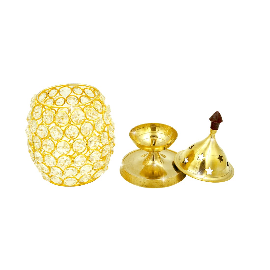 Shubhkart Nitya Brass Akhand Brahmand Crystal Diya | Deepak Oil Lamp Large Size | Diwali Jyoti Pooja Oil Lamp for Pooja Temple Tealight Holder & Lalten (4.6" H x 4.29" L x 4.29" W) - 375Gms