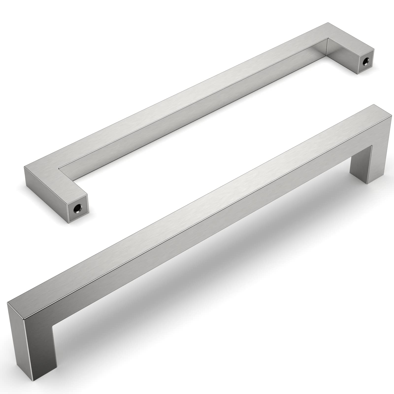 Amerdeco 10 Pack Brushed Satin Nickel Cabinet Pulls 8.8 Inch(224mm) Hole Centers Kitchen Cabinet Handles Cabinet Hardware Cupboard Handles Square Drawer Pulls