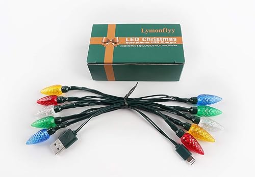Miniatura 2 de Cable de carga de teléfono con luz LED de Navidad, cable de carga USB y bombilla de 50 pulgadas, 10 bombillas LED multicolor compatibles con