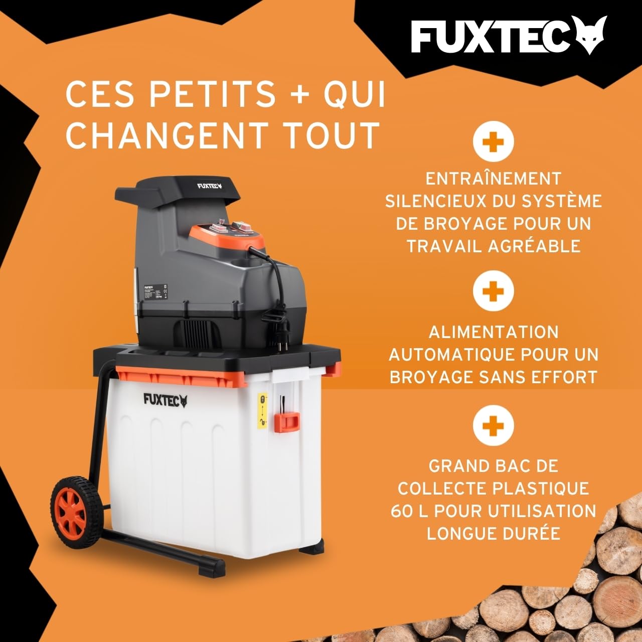 FUXTEC Broyeur de végétaux électrique FX-EGH2800B – 2800 W, système de Coupe à Rouleaux Silencieux – Bac 60 L, Coupe Jusqu’à 44 mm, Marche Avant/arrière, Protection IPX4