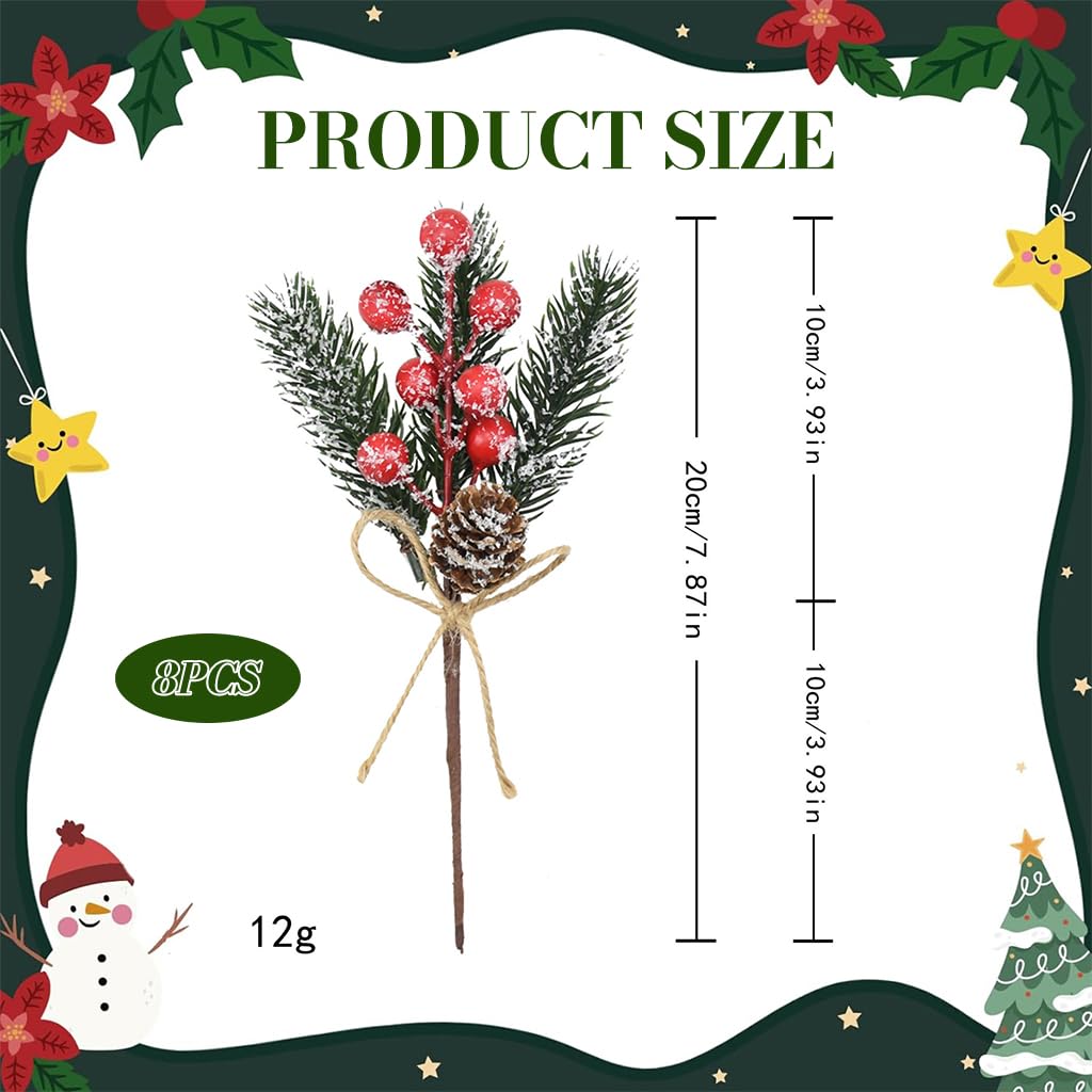 HASTHIP® 8PCS Artificial Christmas Floral Picks, Red Fake Berry Picks Stems, Pine Branches with Pinecones Holly Leaves for Vase Floral Arrangement Wreath Winter Holiday Season Decor Crafts 1