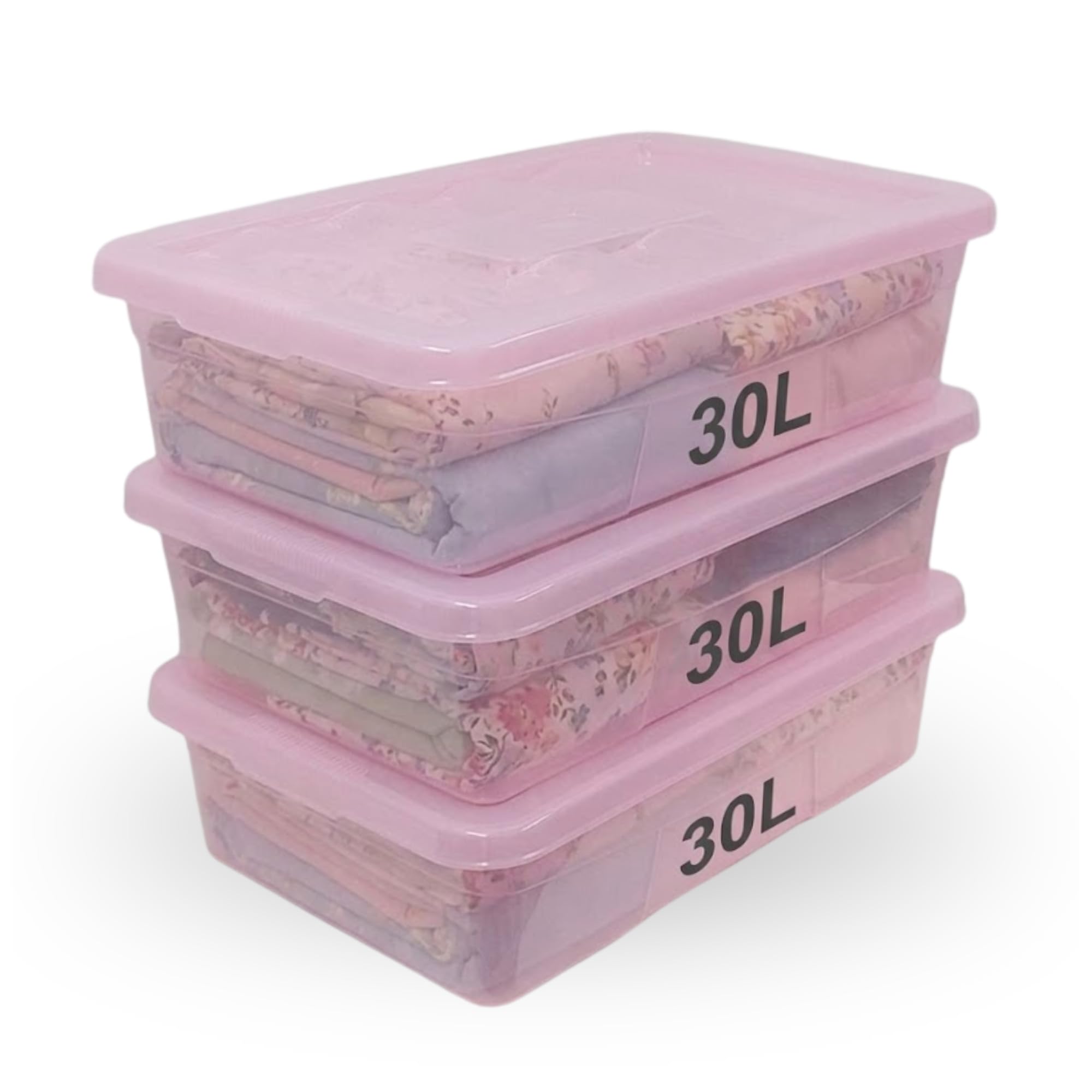 SIDSONS 3x 30L Underbed Plastic Storage Boxes with Clip Lock Lids - Pink Underbed Protective Storage Box -Multipurpose Organizer for Home, Office Accessories (Pink, 3x 30 Liter)