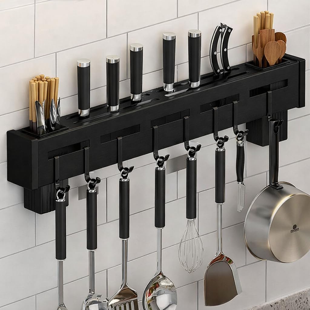 SR Kitchen Shelf Wall Mount Knife Holder,Towel Hanger, Spatula Ladle Hanging Hooks, Cutlery Holder Storage Rack Metal Multi-Purpose-image-0