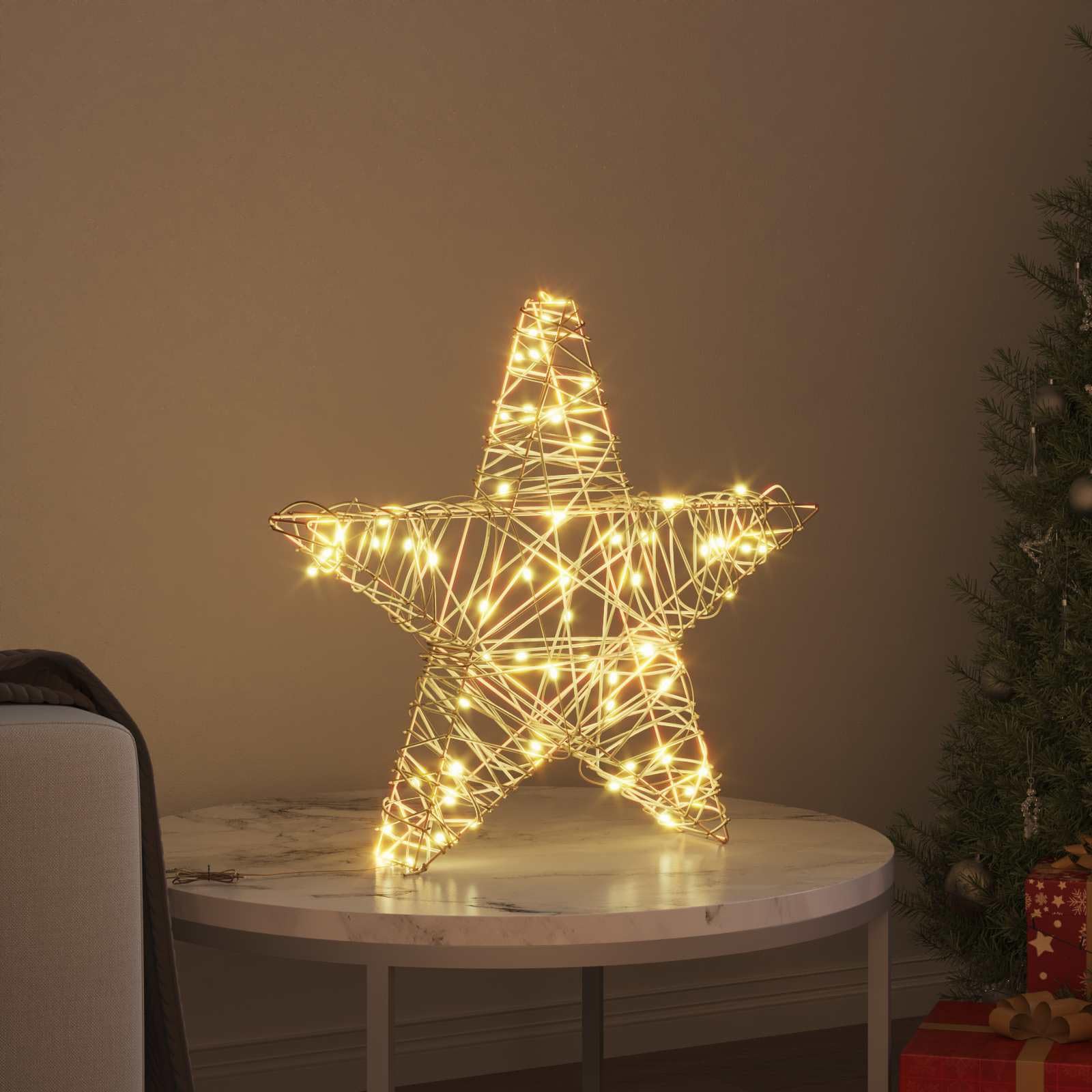 3D Stern mit 50 LEDs Warmweiß aus Rattan 55 x 52,5 x 9 cm USB betrieben für Weihnachtsbaumschmuck, Advent Dekoration, Wohnzimmer und Festliche Stimmung