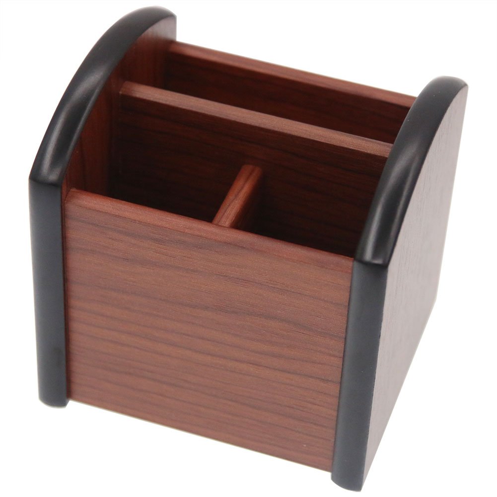 Coideal Small Wooden Pen Pencil Holder Caddy Mini Wood Box 3 Compartments Desktop Drawer Storage Organizer Stationery Case Stand for Table, School and Office Supplies (Brown & Black)