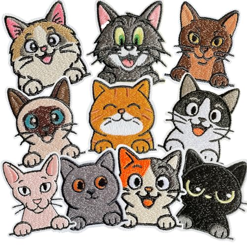 LJARTPT 10 peças de adesivos de gato bordados fofos para roupas, mochilas, jaquetas, camisetas, adesivos para decoração ou reparo DIY (10 gatos)