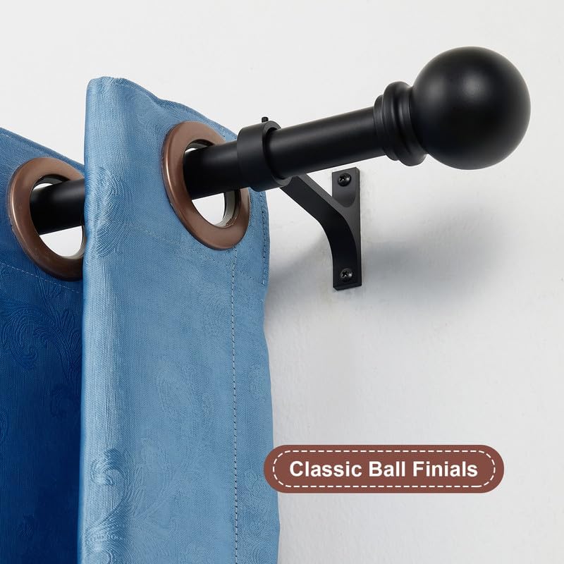 matte black curtain rods 28-48" - 2 pack heavy duty 1 inch diameter single rods with ball finials, adjustable for windows matte black 2 pack 28-48"