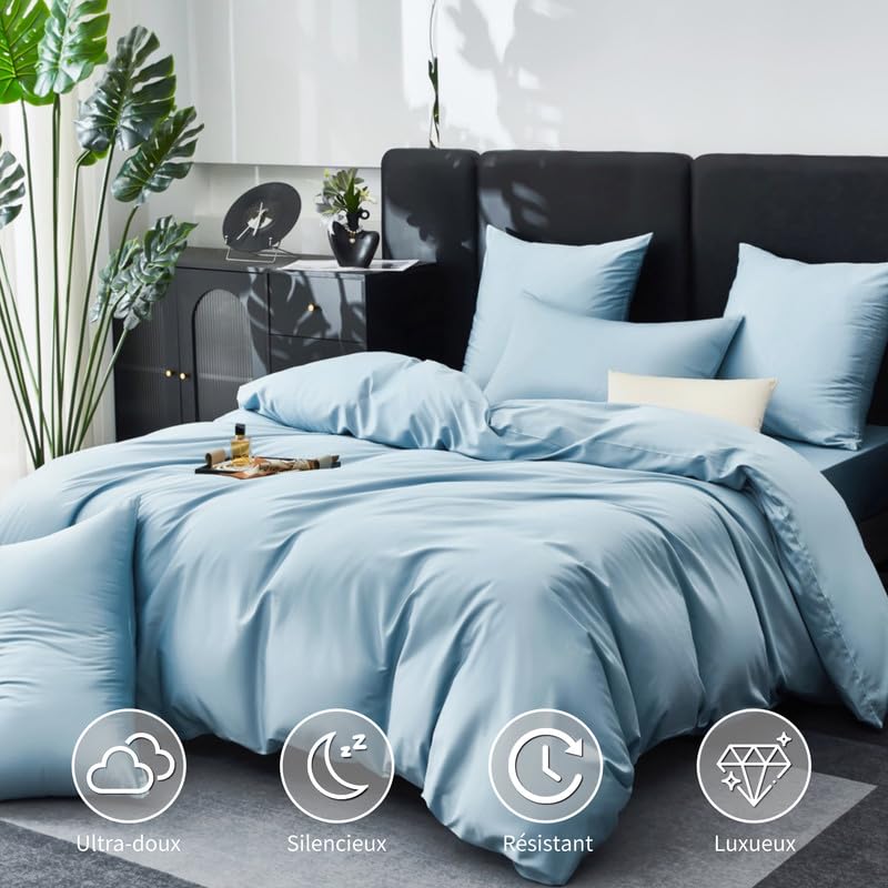 Gezu - Funda nórdica de 200 x 200 cm, satén de algodón, 100 % algodón, seda sedosa, brillante, juego de cama de algodón de fibra larga, ropa de cama con cremallera y 2 fundas de almohada de 65 x 65 cm