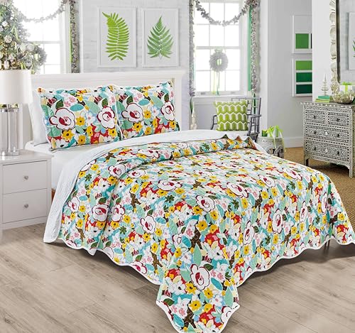 Grand Linen Juego de edredón bohemio de 3 piezas tamaño Queen de 100 x 106 pulgadas, colcha grande para todas las estaciones, fundas de almohada, colcha ligera y suave, color azul, amarillo, verde,