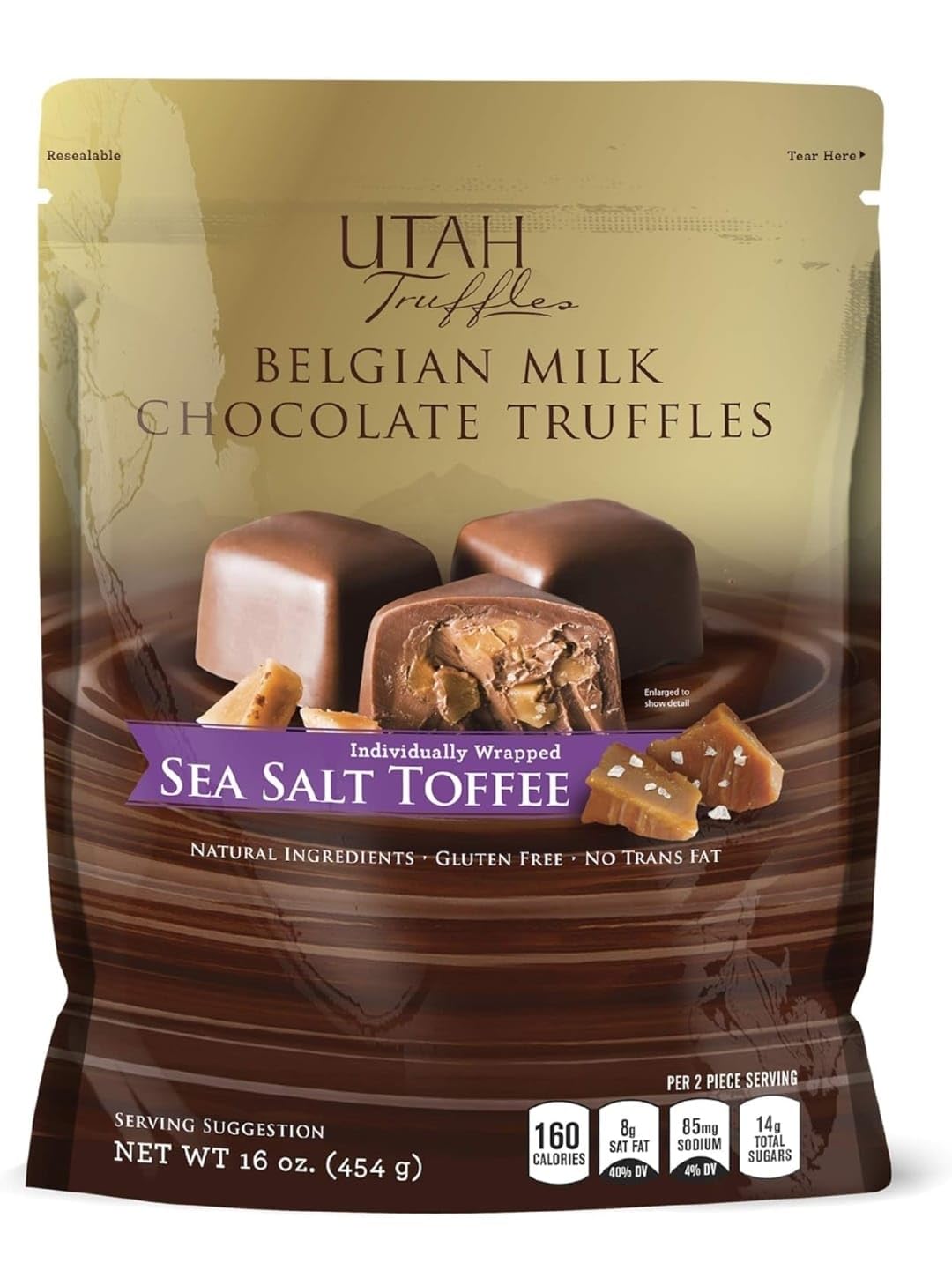 Utah Truffles Belgian Milk Chocolate Toffee Individually Wrapped Pouch, Naturally Gluten Free, Gourmet Smooth Creamy Natural Truffle, 16 oz, Approx. 32 pc