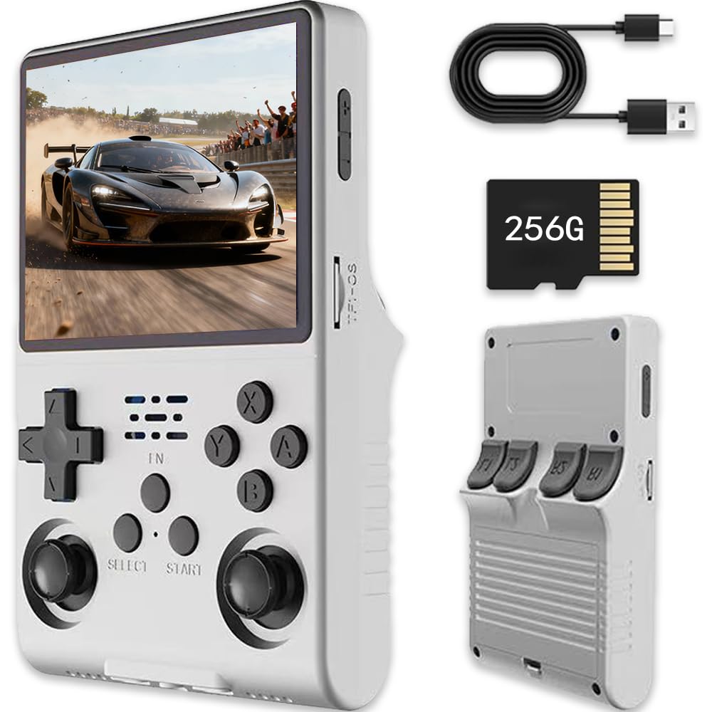 R40s pro Console portatile retro per videogiochi, console portatile per videogiochi con schermo IPS da 3,5 pollici, scheda integrata da 256 GB e 30.000 giochi, sistema Open Source Linux (Bianco)