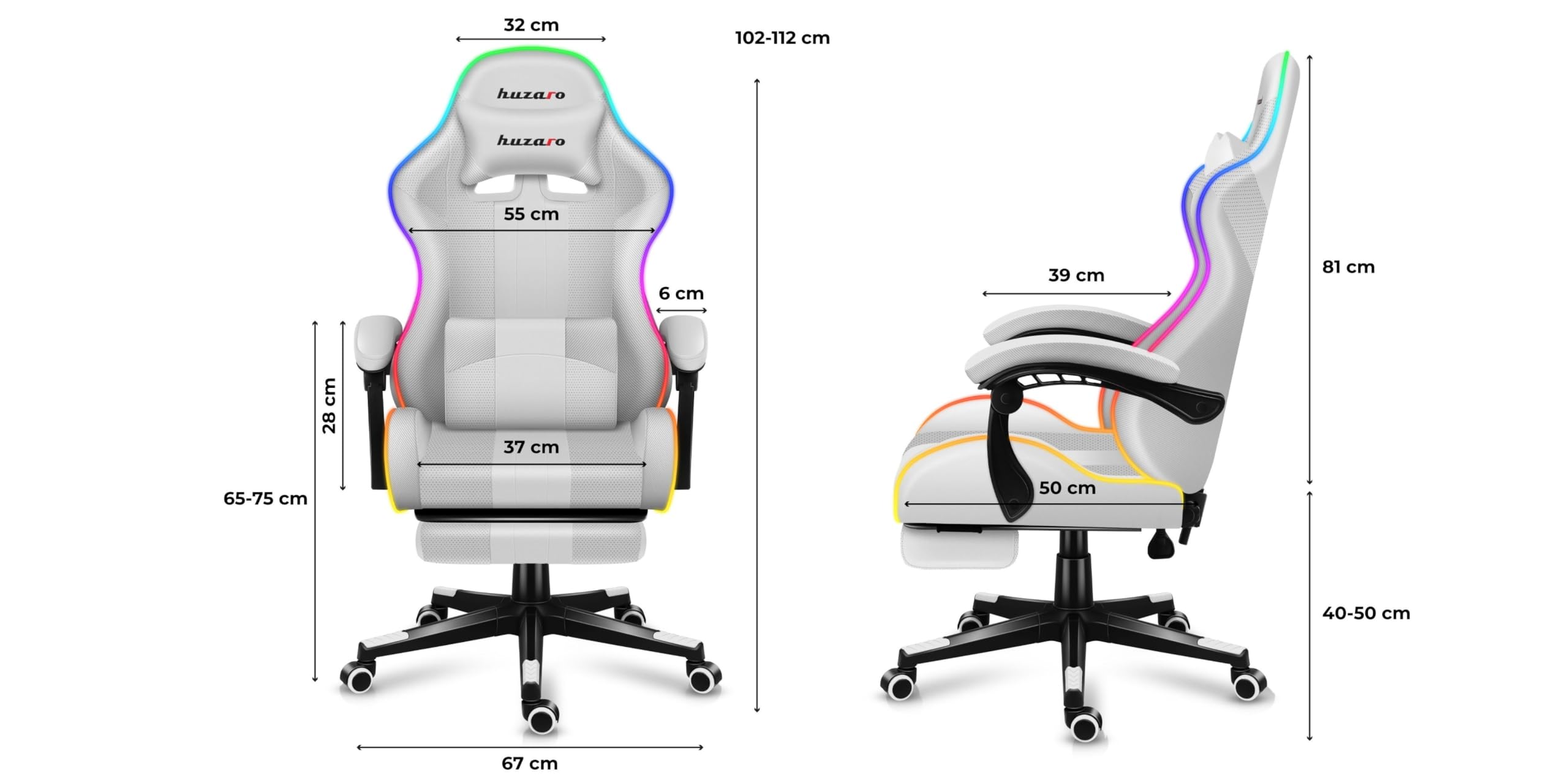huzaro Force 4.7 RGB Gaming Stuhl - Ergonomischer Bürostuhl & PC Stuhl | Schreibtischstuhl für Gamer - Bis 150 kg belastbar - Mit ausziehbarer Fußstütze & Lendenkissen - Stoff Mesh – Weiß