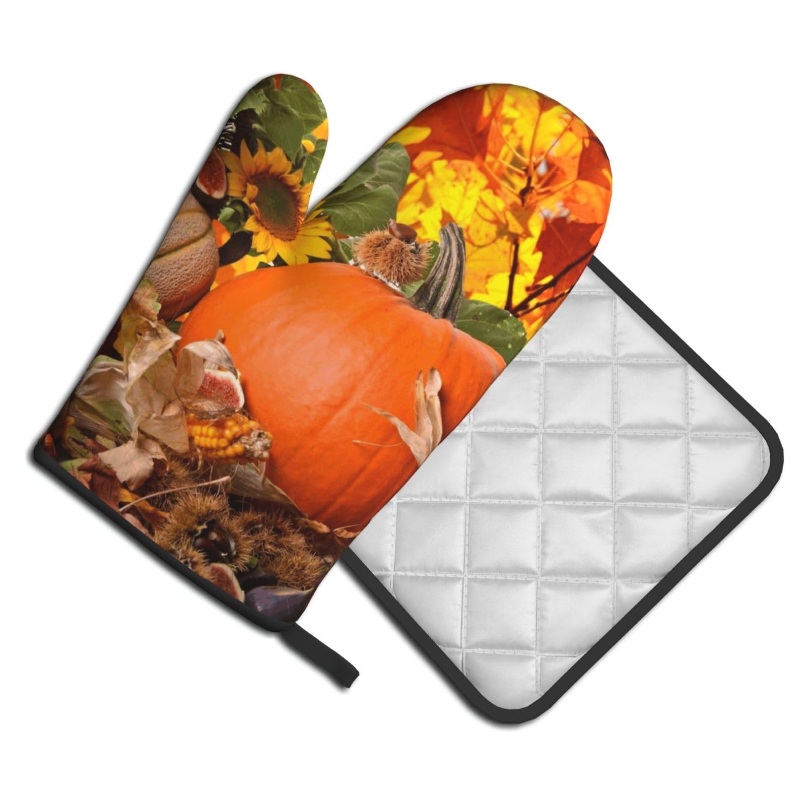 Oven Mitts and Pot Holders Set of 2 Pcs, Leaves Happy Thanksgiving Day Pumpkin Printed Heat Resistant Kitchen Gloves Potholders for Cooking Baking Grilling