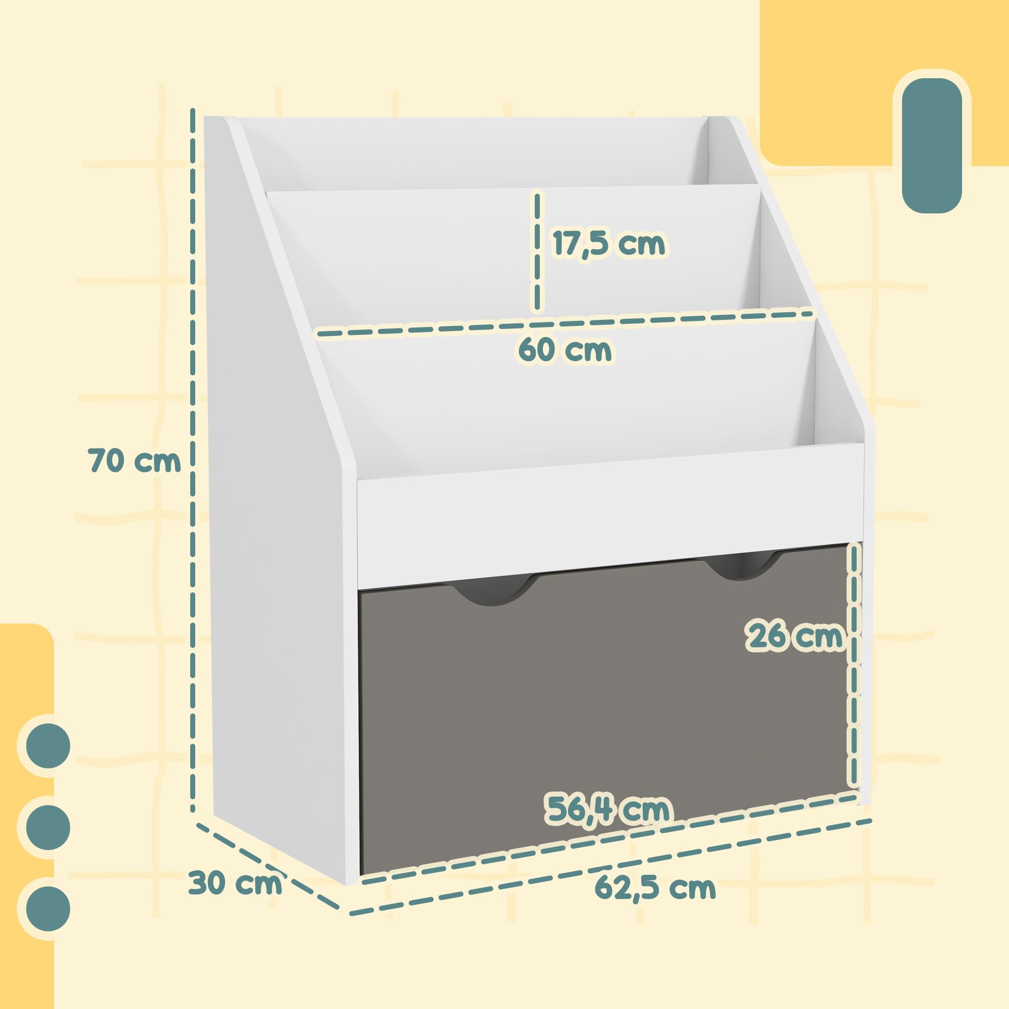 AIYAPLAY Bücherregal für Kinder, 62,5 x 30 x 70 cm (L x B x H), Grau und Weiß | Für Bücher und Spielzeug, multifunktional, 3 Regalebenen, Schublade