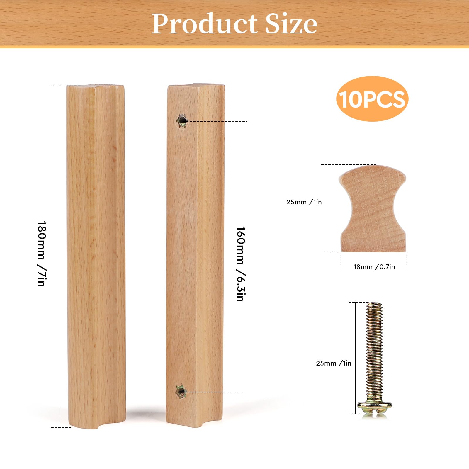 SWAWIS 10 Piezas Tiradores de Madera 160mm, Pomos de Madera para Muebles con Tornillo, Haya Tirador de Cajón para Puertas, Tiradores de Cajones, para Armarios Cajones Muebles Cocinas