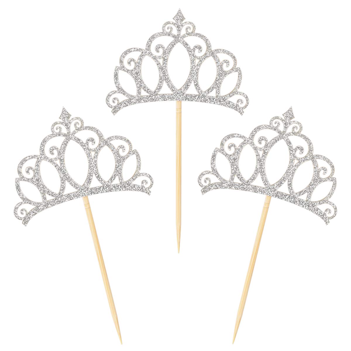 Donoter 24 Pieces Silver Princess Crown Cupcake Toppers Cake Picks for Birthday Baby Shower Party Decorations