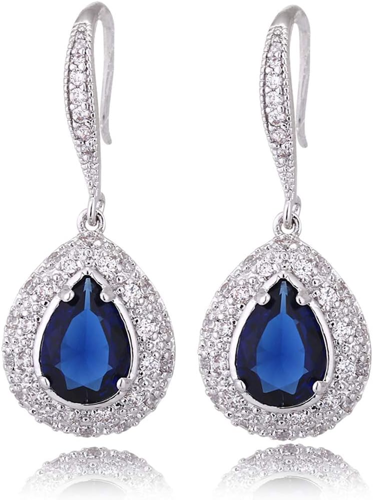 CZ Teardrop Earrings for Women - Sterling Silver Bridal Pear Shape Cubic Zirconia Crystal Rhinestone Fishhook Dangle Drop Earrings for Bride Bridesmaids Wedding Party Prom Fashion Costume Jewelry