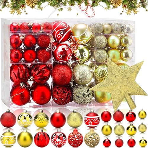 ZPQAODI Bolas de Navidad Juego 101 Piezas Oro y Rojo Bolas De Arbol De Navidad Plástico con Copa de árbol Adornos Bola de Navidad Navideños Decoraciones Regalos de Colgantes de Navidad Boda