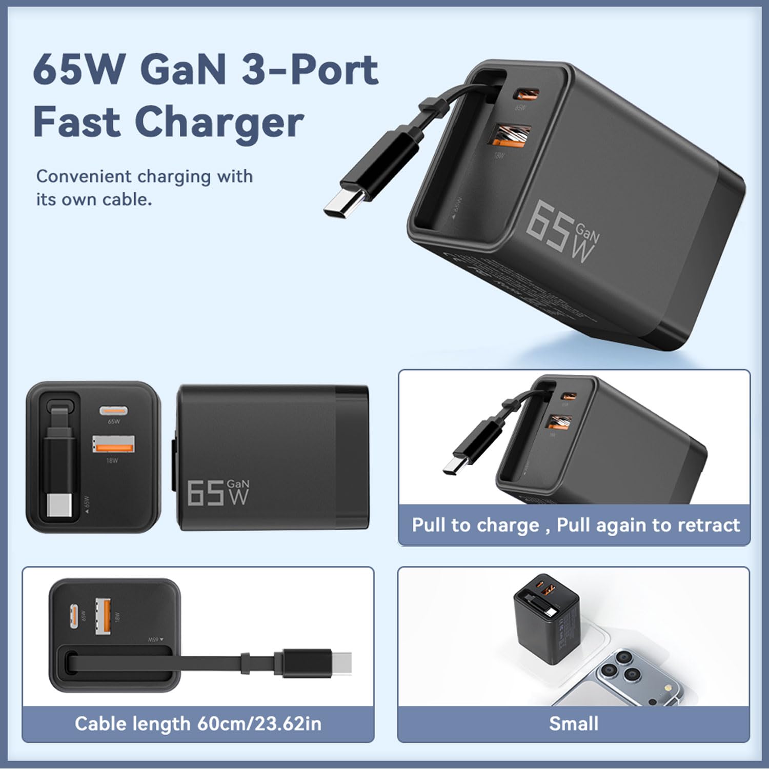 keepdrum GaN65 - Caricatore rapido USB a 3 porte, 65 Watt | Tecnologia GaN, 3 porte USB, 65 Watt di potenza, ricarica rapida