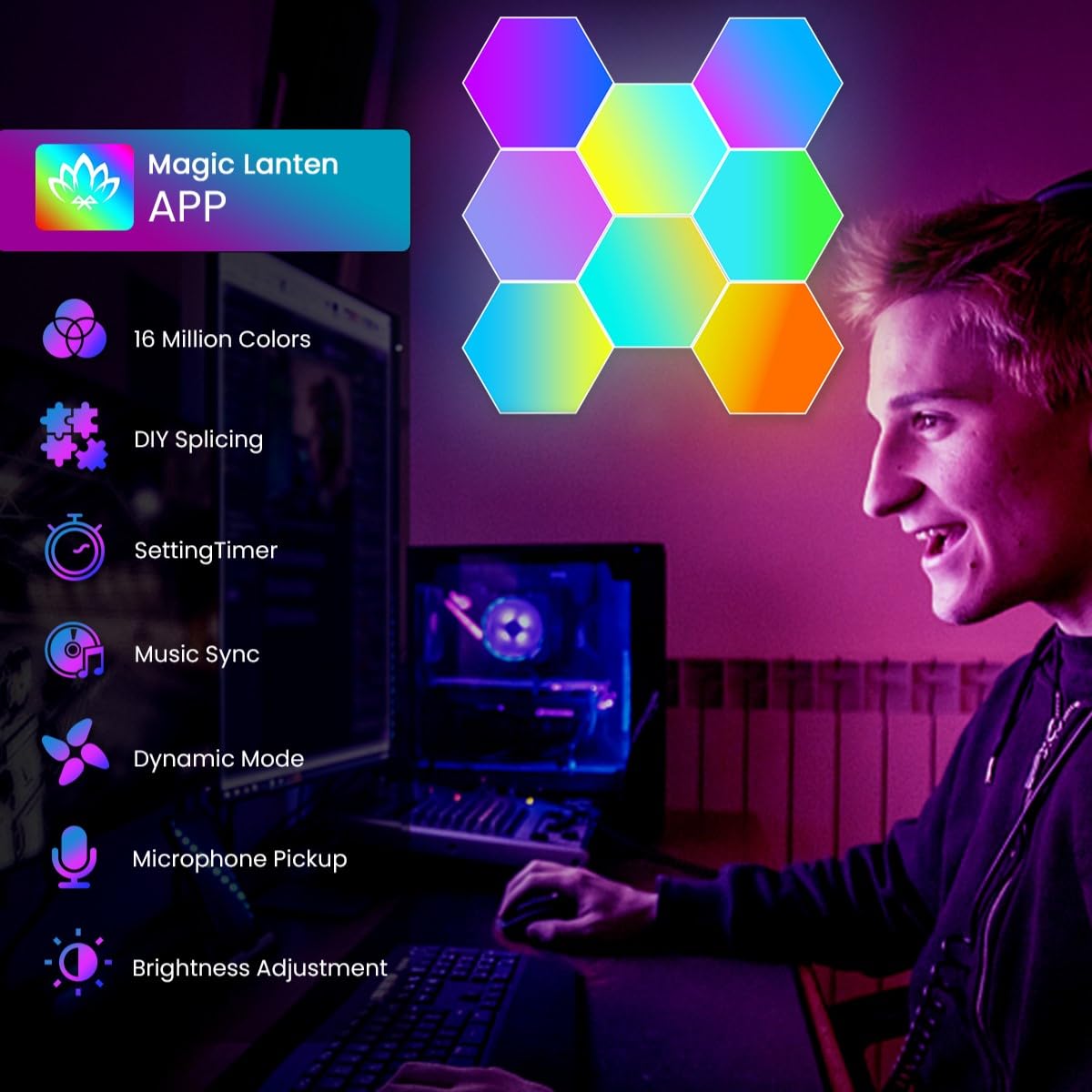 TISOFU Paquete de 8 luces hexagonales LED de pared, paneles de luz RGB para juegos de color RGB con aplicación / sincronización de música y control remoto, panel de azulejos hexagonales modulares