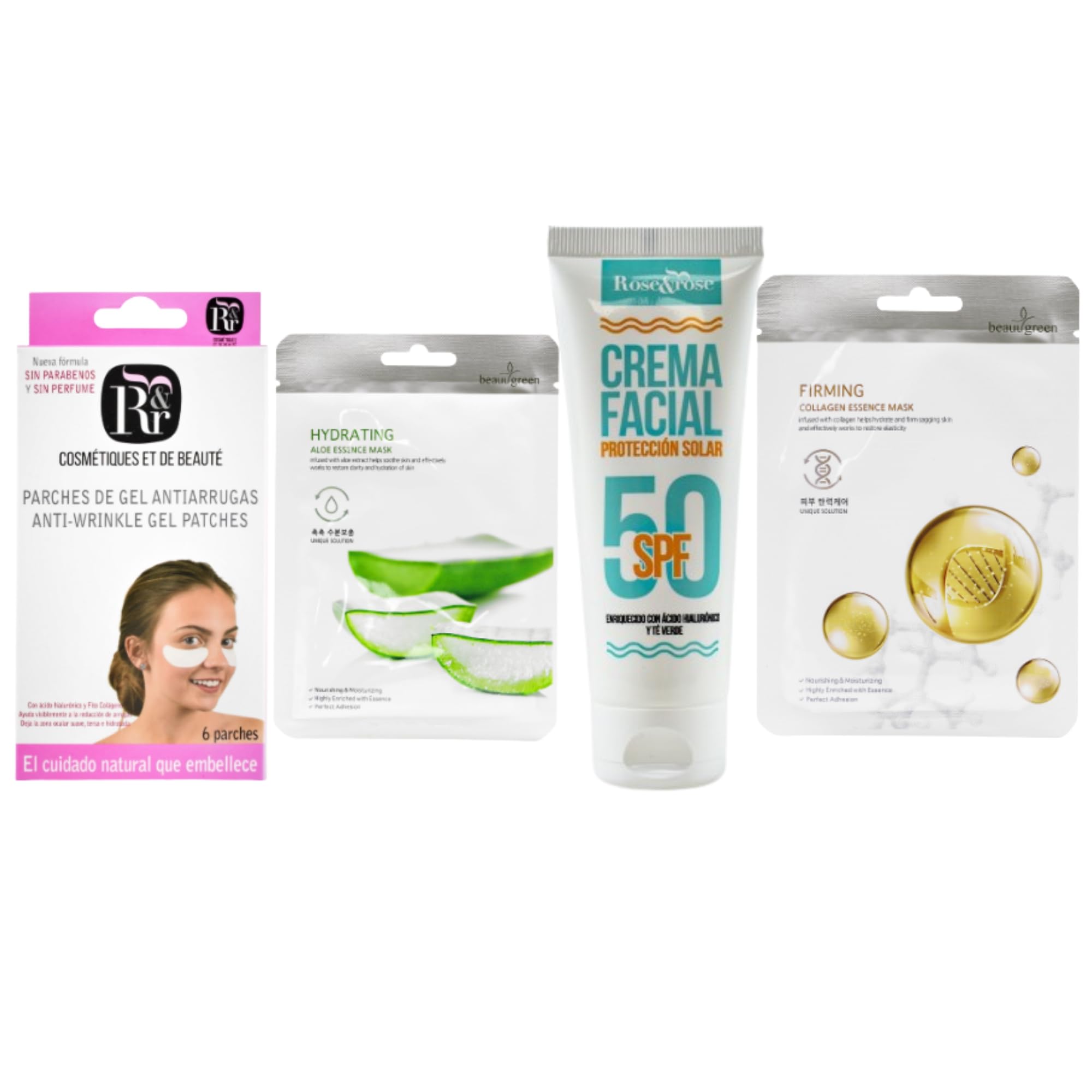 Rose & Rose Kit de Cuidado Facial Completo | Crema Solar Facial SPF 50+ + Mascarilla de Colágeno + Mascarilla de Aloe Vera + Parches de Gel para Ojos | Hidratación, Protección y Revitalización Facial