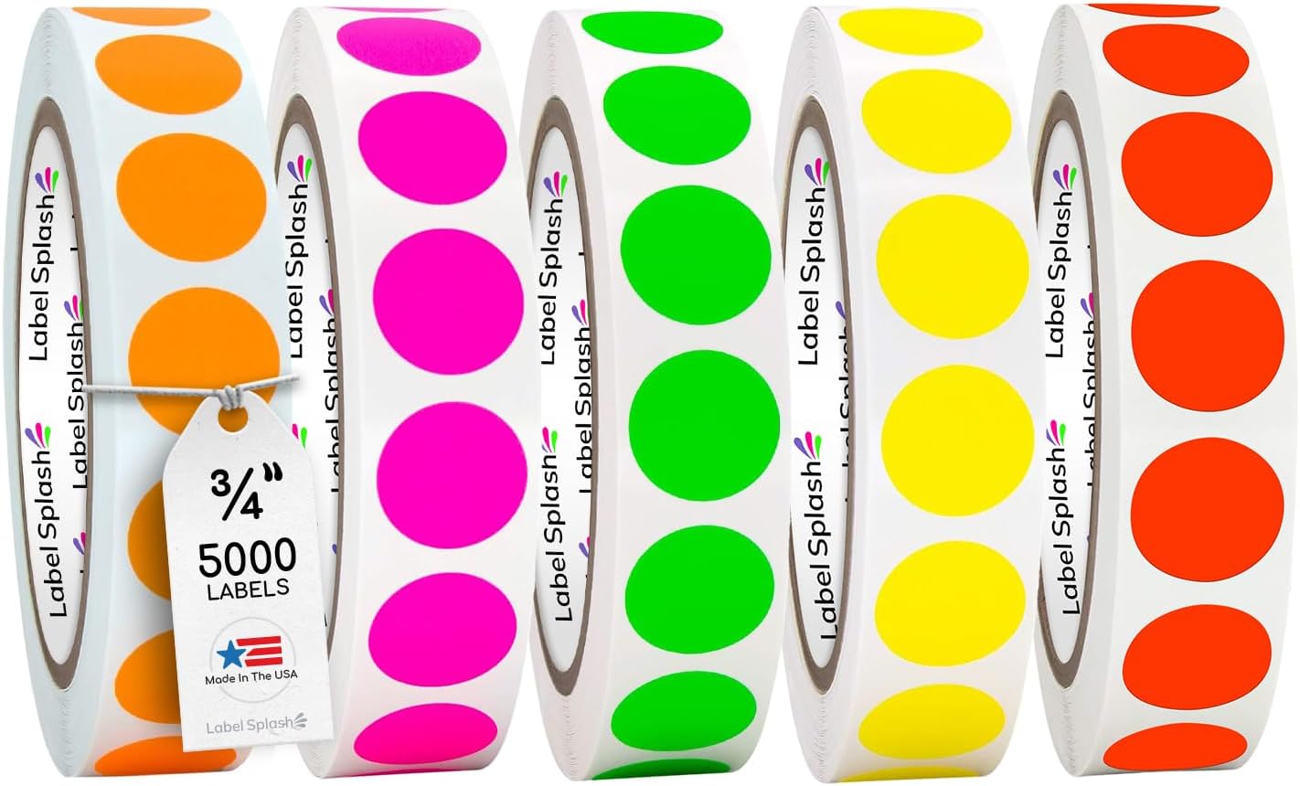 LABELSPLASH .75 Inch Neon Fluorescent Green Red/Orange Yellow & Orange Circle Color Coding Permanent Adhesive Labels 1000 Stickers per Roll Made in The USA 3/4” Circles (Multi Color 5 Roll Pack)