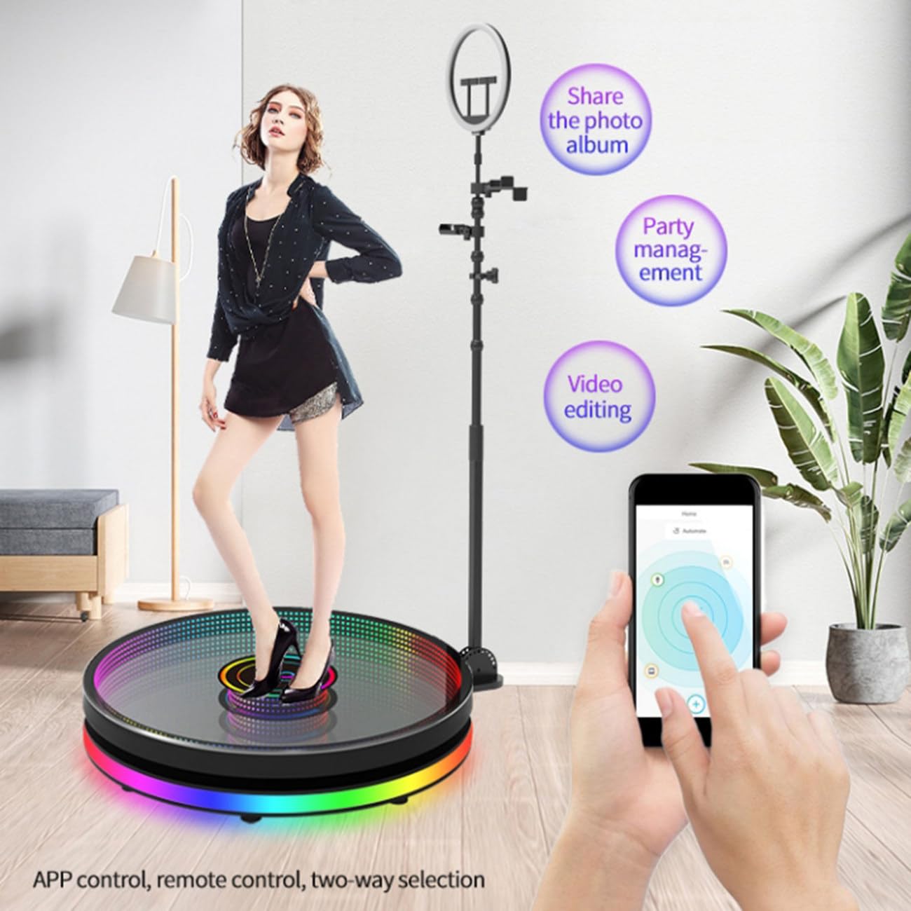 Fotobudka 360 z oświetleniem LED do selfie, automatyczna kamera obrotowa, pilot zdalnego sterowania i aplikacją, regulowana wysokość, wiele prędkości, na imprezy i imprezy
