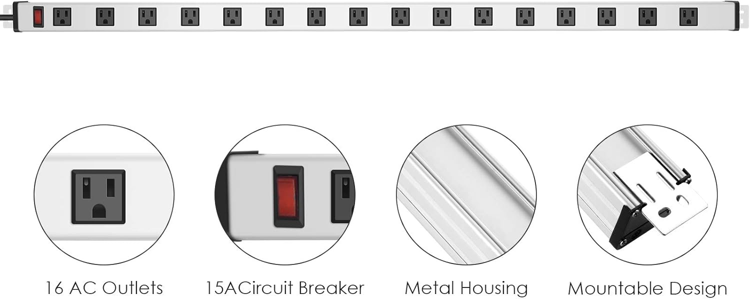 Photo 1 of JUNNUJ Long Metal 16 Outlet Power Strip, Wide Spaced Garage Industrial Heavy Duty Power Strip with 6 FT Cord 15A, 125V, 1875W-Silver