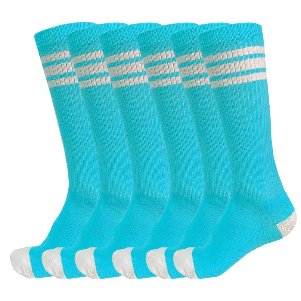 3 Pairs of juDanzy Knee High Boys or Girls Stripe Tube Socks for Soccer, Basketball, Uniform and Everyday Wear (10-15 Years, Turquoise with White Stripes)