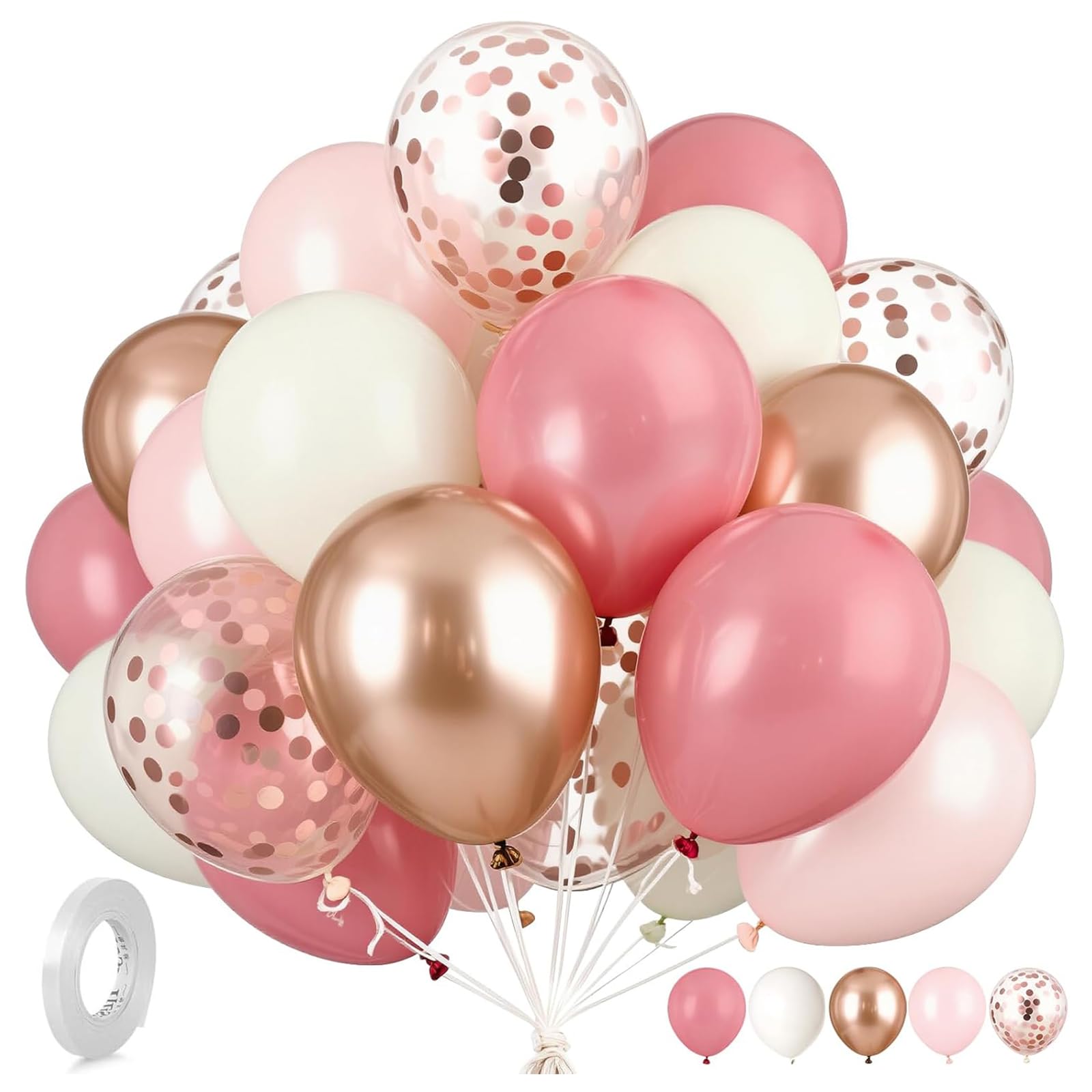 Pink Balloons, 62PCS Birthday Balloons Pack 12 Inch Pink, White,Metallic Champagne Gold, Confetti Balloons,Ribbons for Girls Women Birthday Decorations, Baby Shower, Wedding, Anniversary
