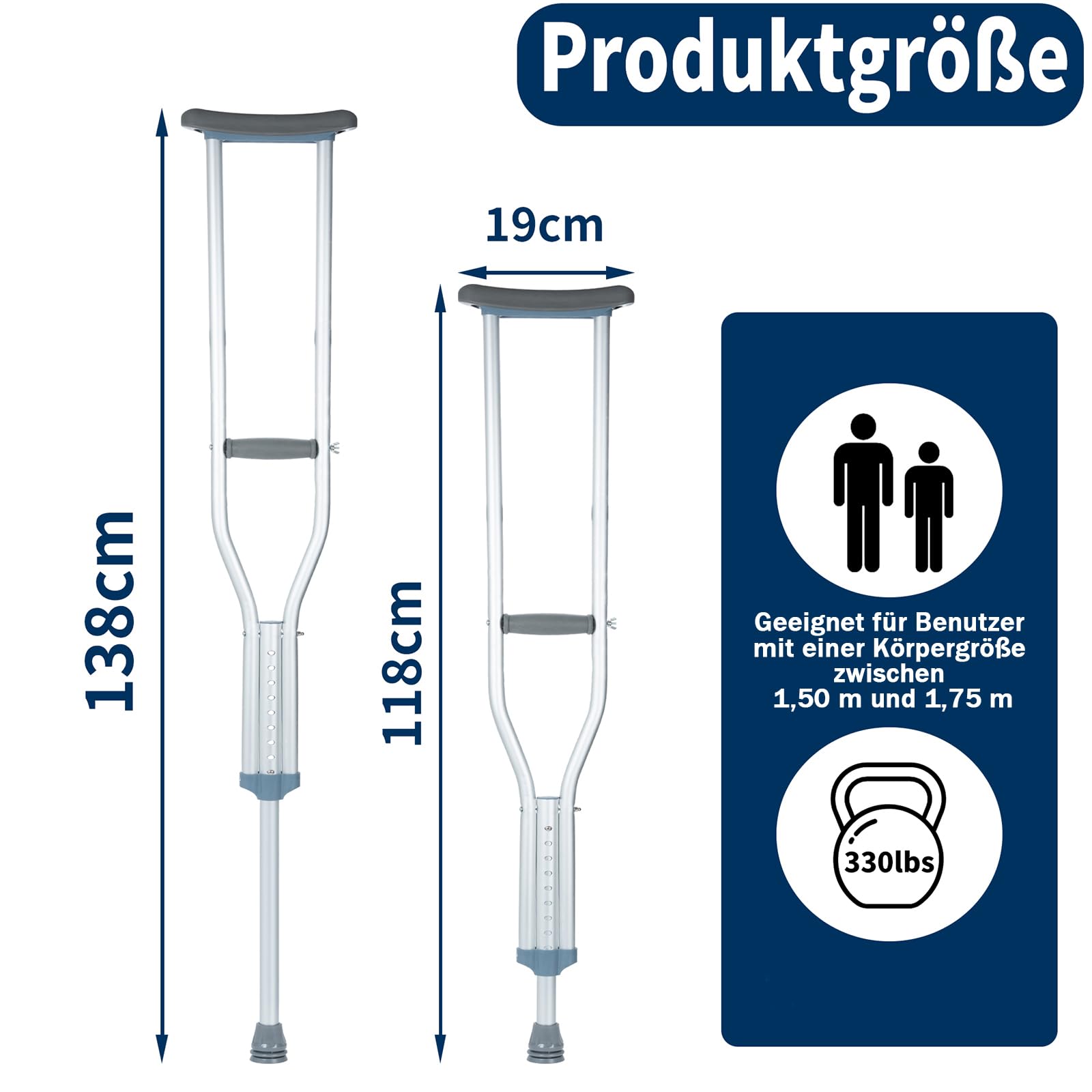 Muletas axilares para adultos, 2 unidades, muletas de altura ajustable para hombres y mujeres, muletas resistentes que soportan 150 kg (330 libras), muleta de aluminio ligera con asas acolchadas y