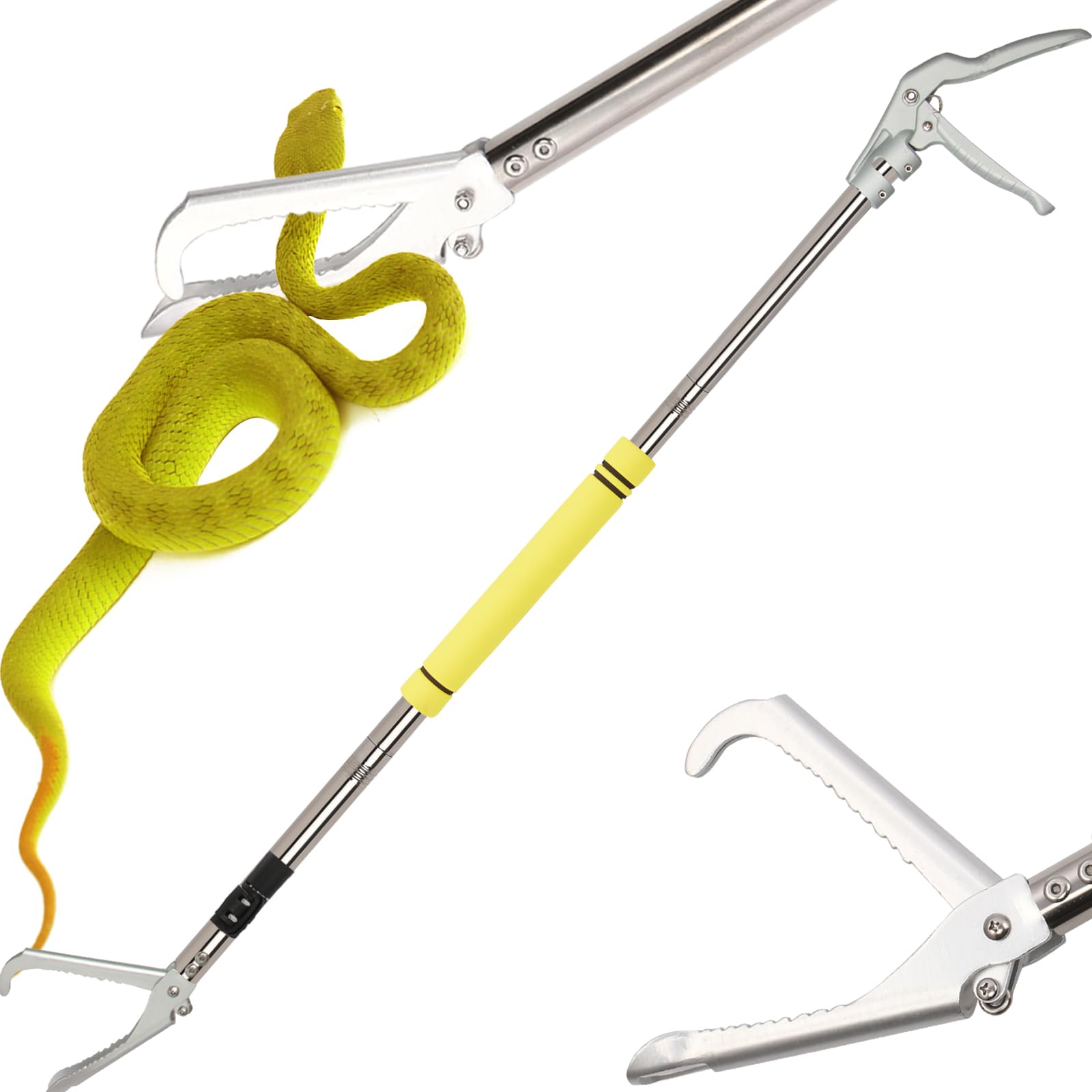 Snake Grabber Tool, 69" Snake Tongs Long Handle for Rattlesnake Reptile Tongs Heavy Duty Long Catcher Reach Grabber Stainless Steel Materials Sponge Handle Wide Jaw (69 inches)