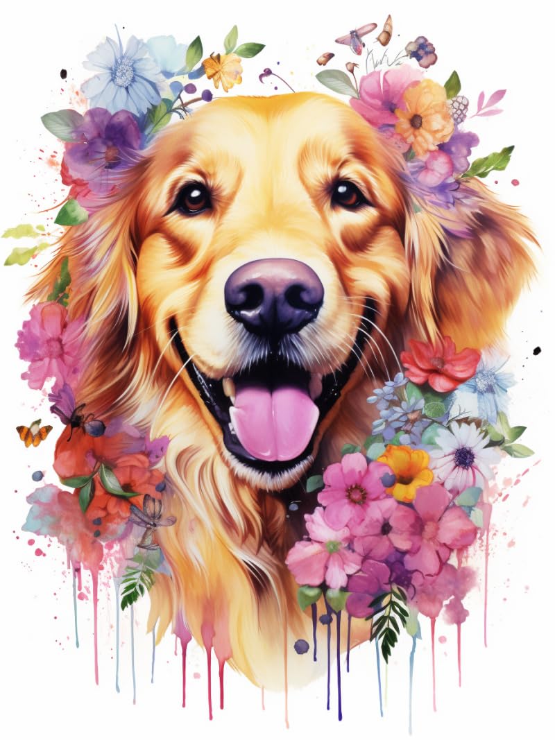 ANSIWEIGO Paint by Numbers Kit for Adults - Premium Canvas,16"x20" No Frame with Brushes & Acrylic Paints,Flower Golden Retriever