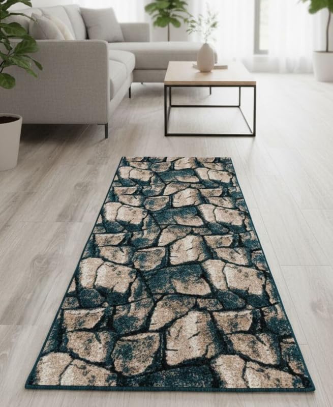 Image of Premium Runner Carpet, Vintage Medallion Pattern, Non Slip, Thick, Ideal for Bedroom, Living Room & Entryway, 3x6 Feet Teal Beige Color