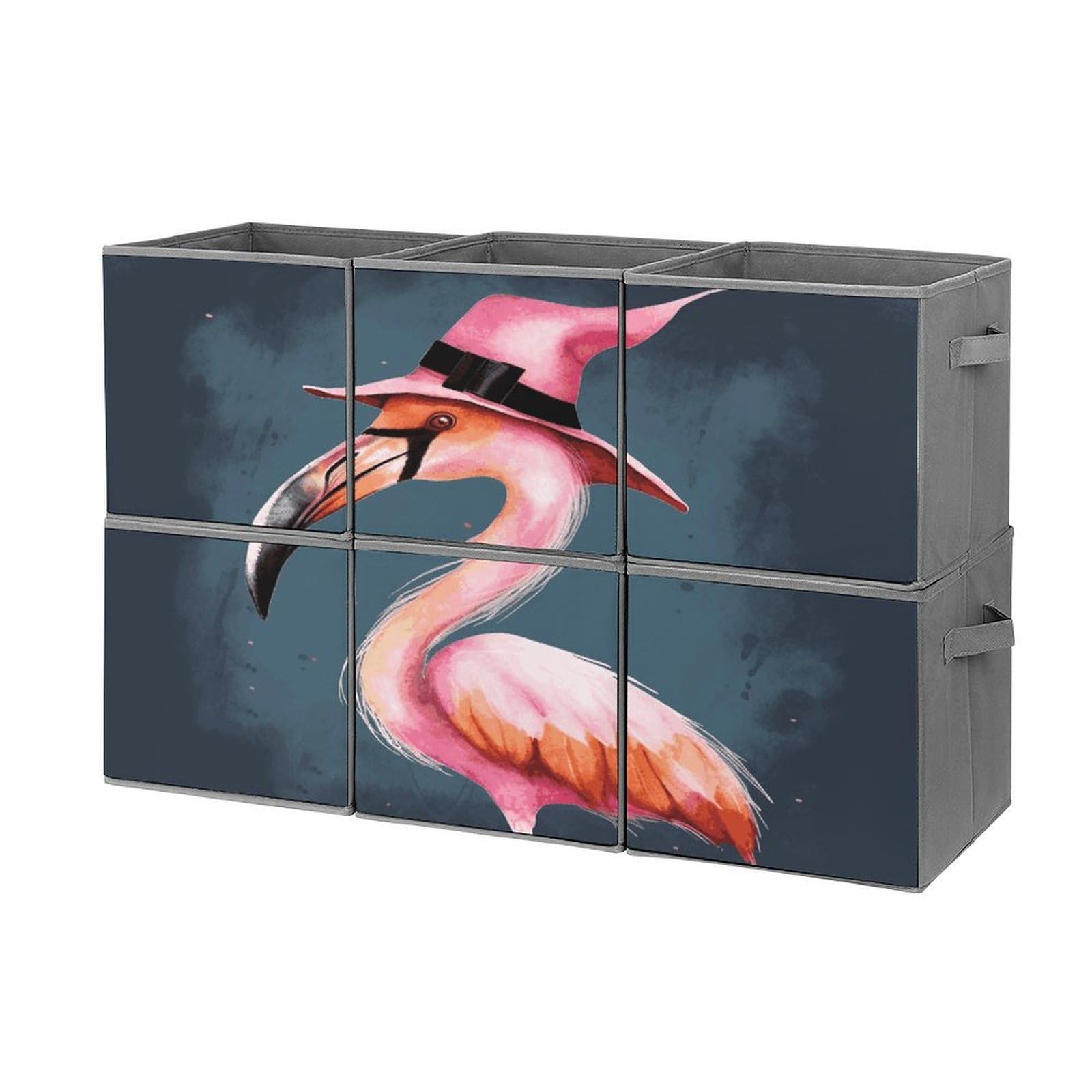 Btcowzrv Style Halloween Flamingo Witch Hat Storage Cubes, 6 Pack Oxford Fabric Foldable Collapsible Bins With Handles, Cubby Storage Baskets Boxes For Closet Shelves Office Organization