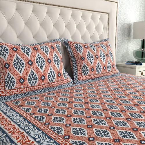 Image of La Verne 140 TC 100% Cotton King Size Jaipuri Rajasthani Print Bedsheet with 2 Pillow Covers (Peach)