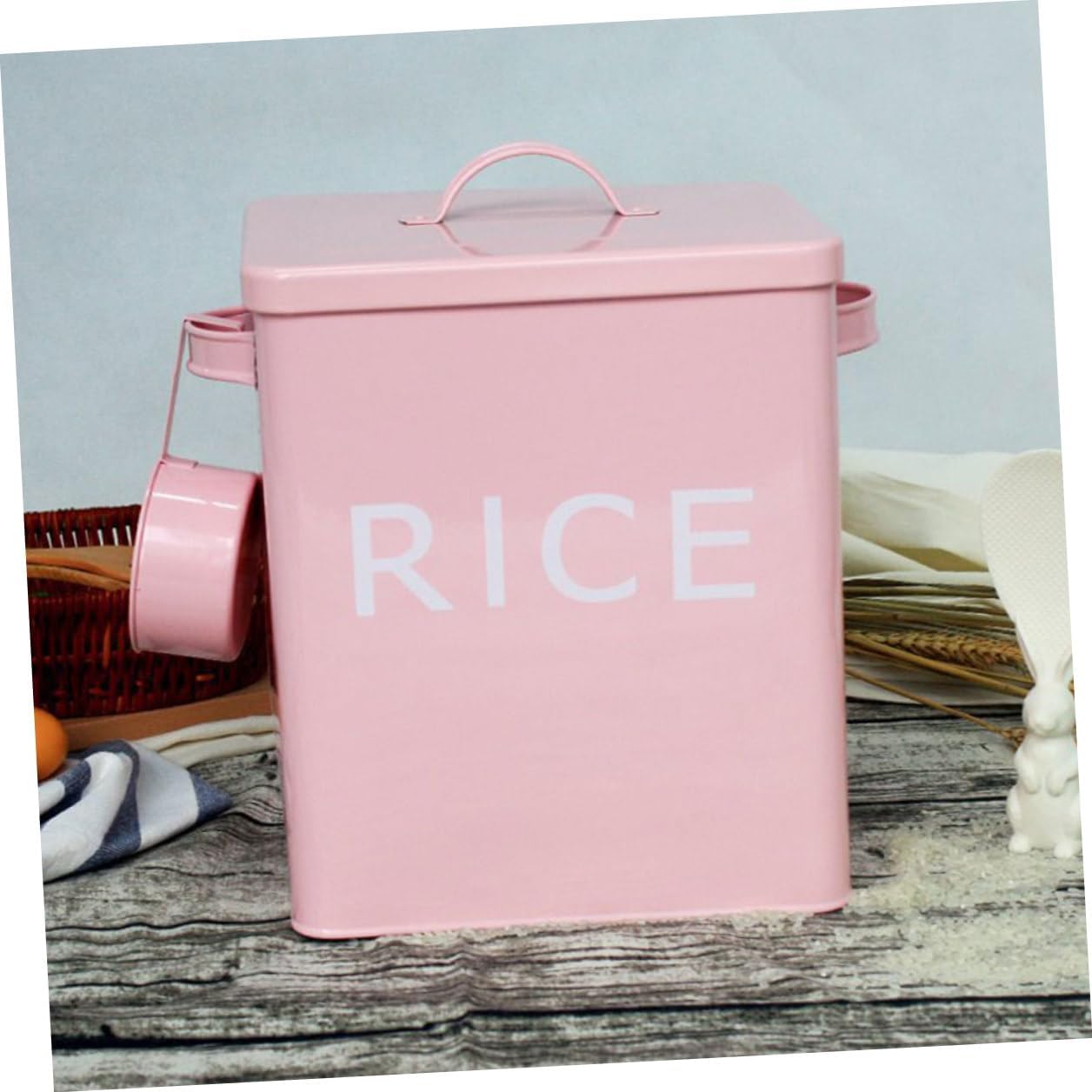 Sosoport Iron Pet Food Barrel with Lid Pink Sealed Food Storage Container Includes Measuring Cup Moisture-proof Household Rice Bucket for Pet Feeding