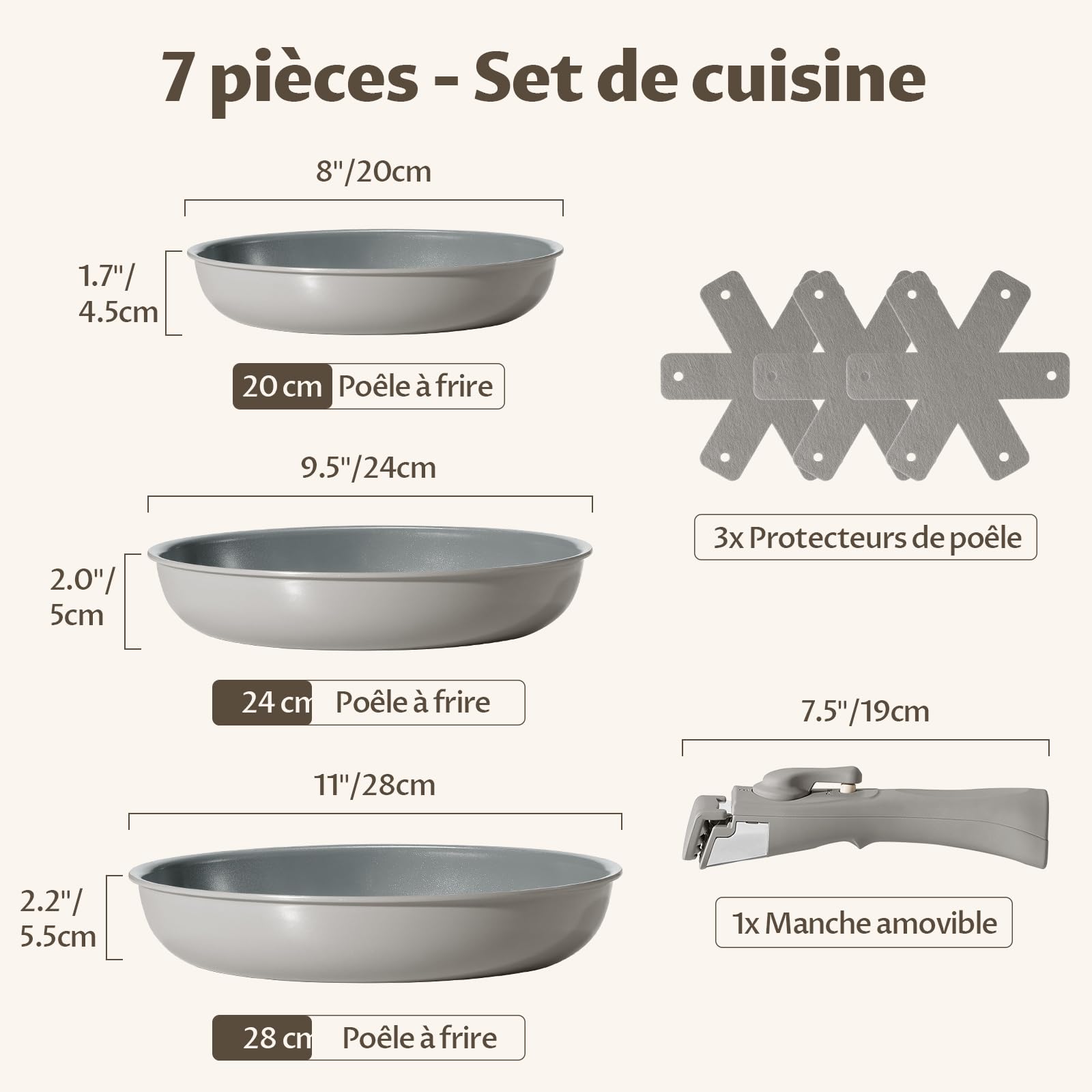 BLAZANT Batterie de Cuisine 7 Pièces avec Poignée Amovible | Poêles en Céramique 20/24/28 cm pour Petites Cuisines, Camping-Car & Camping | Empilable, Induction, Four jusqu'à 240°C, Sans PFAS