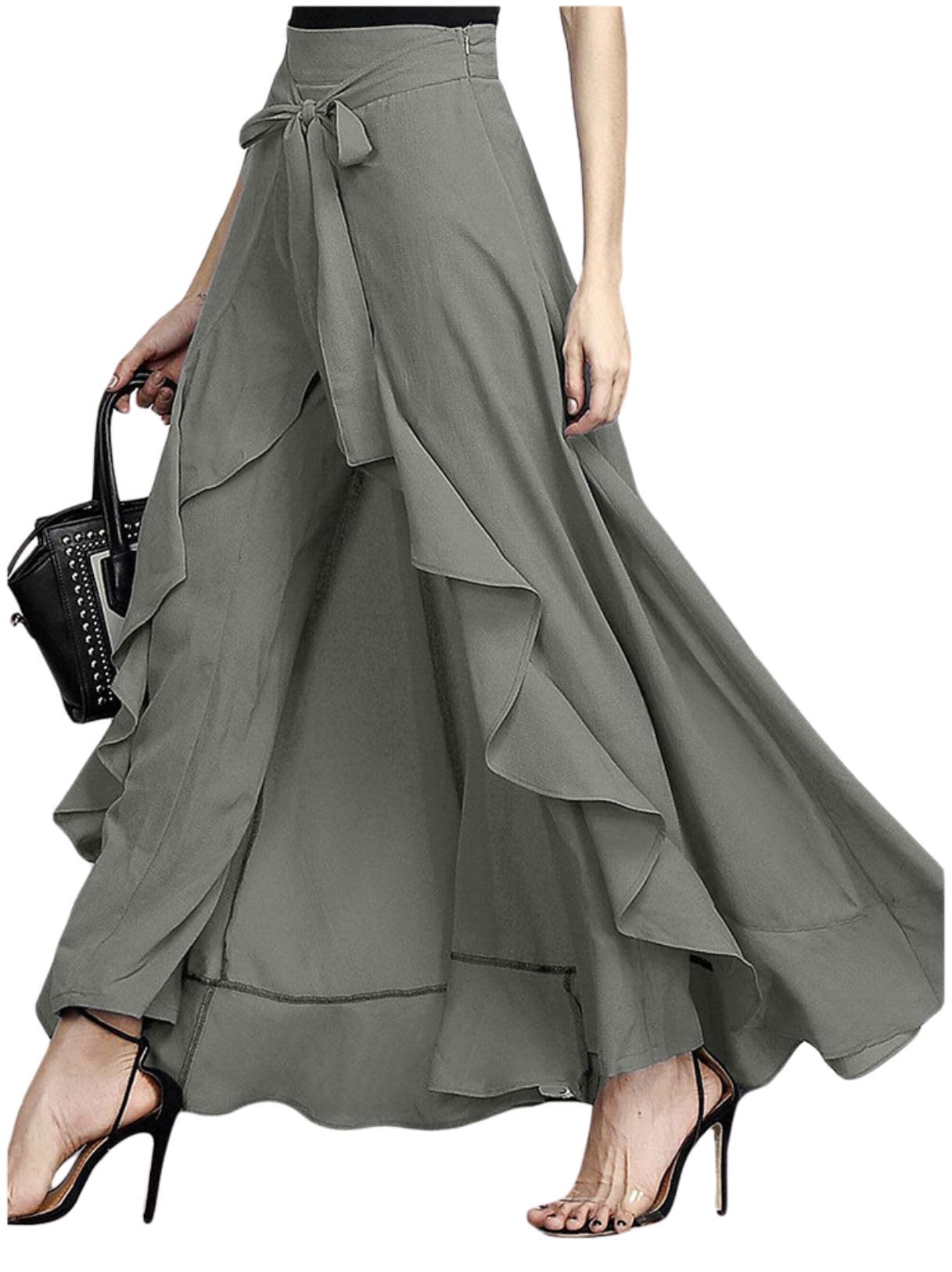 utcoco Women's 2026 Trendy Casual Chiffon Elastic High Waist Pants Culottes Tie Front Ruffle Boho Flowy Maxi Skirts
