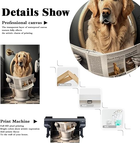 Miniatura 8 de KOEUIRW Divertido lienzo de baño Golden Retriever para pared, póster de perro lindo en el inodoro, impresiones de animales en blanco y negro,