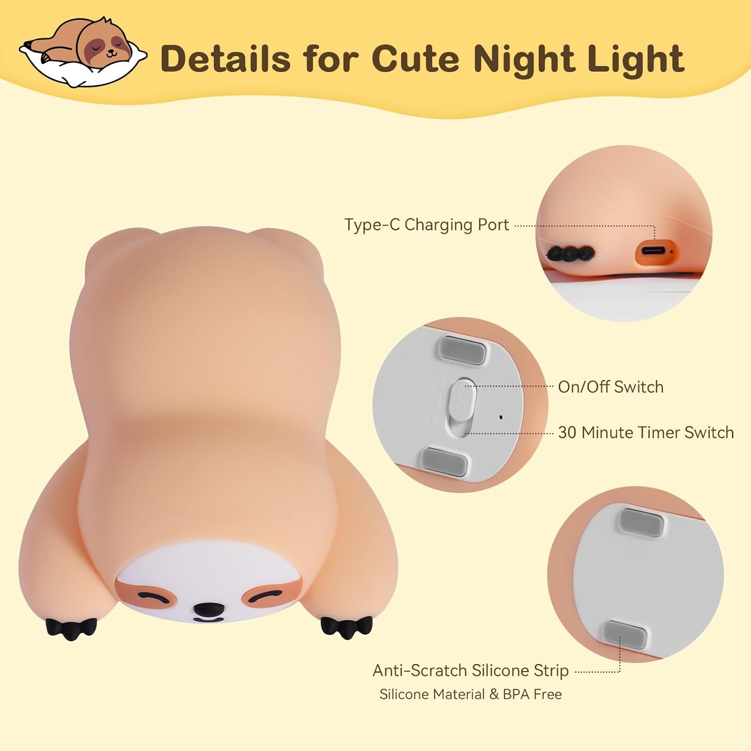 Cute Sloth Night Light for Kids, 3-Level Dimmable Nursery Nightlight, Silicone Squishy Light Up Sloth Gifts, Rechargeable Bedside Touch Lamp for Breastfeeding Toddler Baby Kids Decor - Image 3