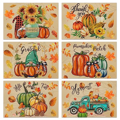 Fall Placemats Set of 6 Hello Fall Pumpkin Maple Leaves Gnomes Car Placemats Dining Table 12 x 18 Inch Seasonal Autumn Harvest Holiday Rustic Vintage Thanksgiving Table Mats