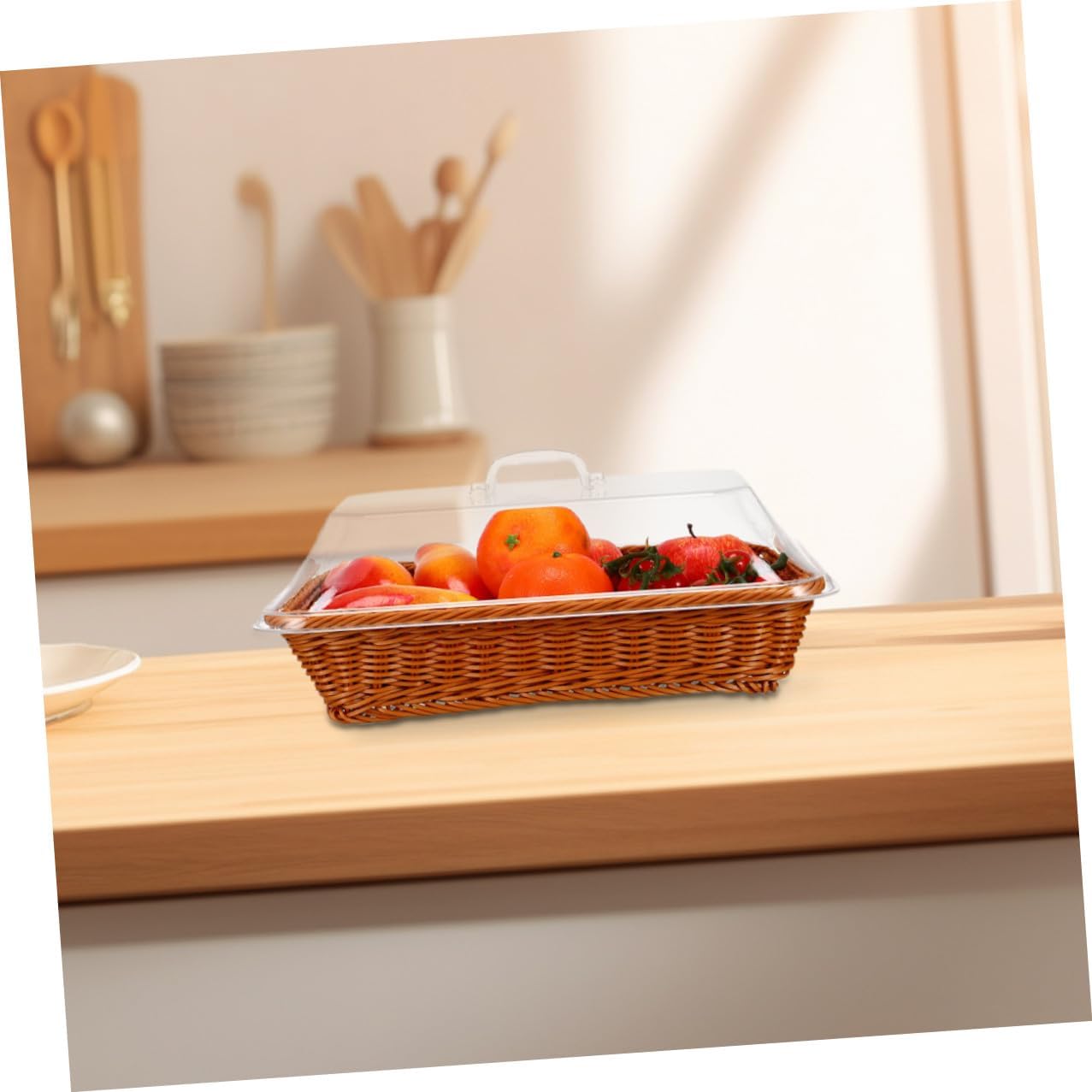 Handwoven Rattan Bread Basket with Lid, Rectangle Woven Fruit and Snack Storage Basket 40x30x15cm, Multipurpose Kitchen and Outdoor Picnic Organizer in Tea Color
