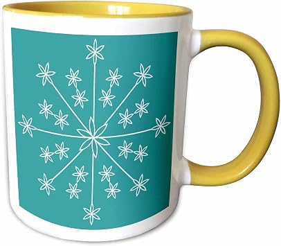 3dRose White Five Petal Flower Snowflake On Turquoise 15oz Two-Tone Yellow Mug