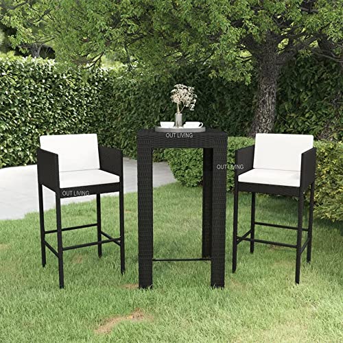 Image of OUTLIVING Rattan Wicker Outdoor Bar Patio Table with 2 Cushion Chairs Set for Home Graden Balcony 2 Seater Bar Patio Furniture (Black)
