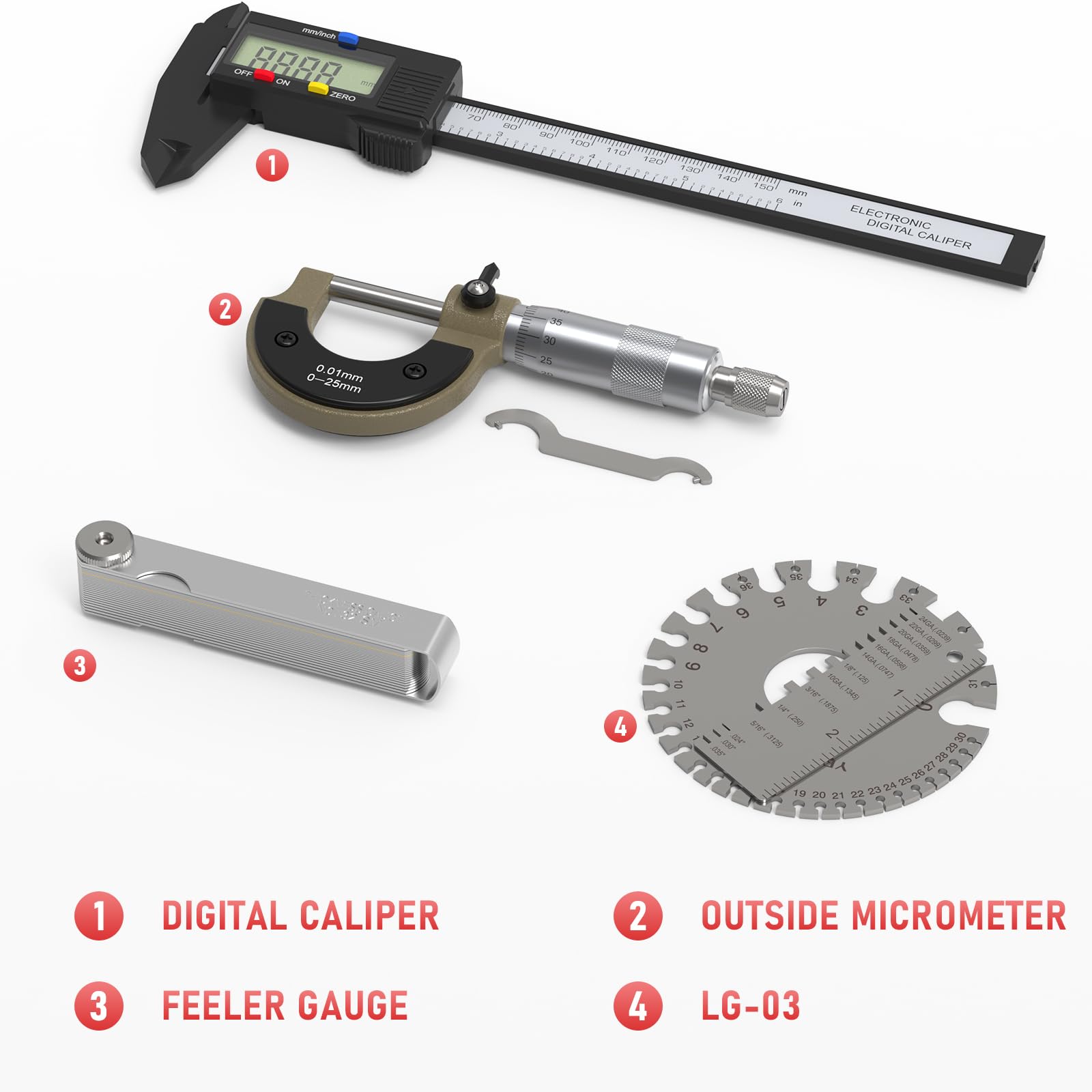 YESWELDER Kit d'outils de mesure de soudage, 4 outils d'inspection de soudure en acier inoxydable, y compris LG-03, pied à coulisse numérique, micromètre extérieur et jauge d'épaisseur