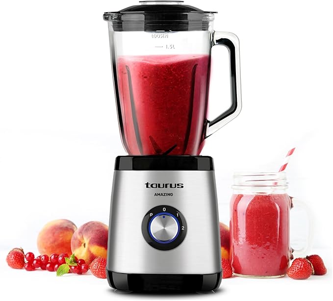 Taurus Magnum 1500 - Batidora de vaso, jarra cristal 1.5L, 1500W, 4 cuchillas inox desmontables, pica hielo, bpa free, apta lavavajillas, 2 velocidades + Turbo