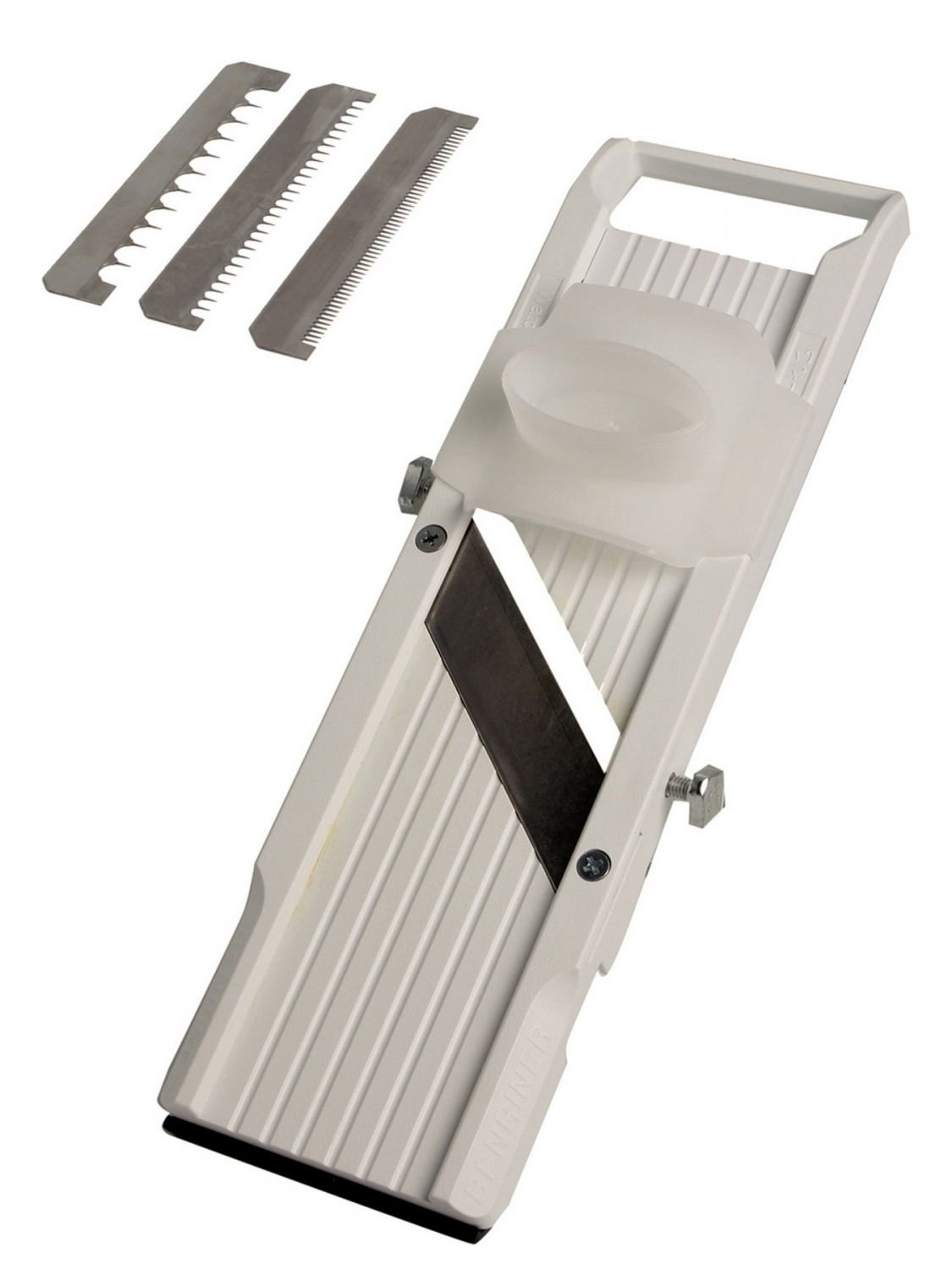 Benriner Mandoline szatkownica do warzyw szatkownica do warzyw 64 mm 95 mm 120 mm biała wraz z ostrzem zapasowym Julienne i ochroną palców bez grawerowania/z grawerunkiem + rękawica ochronna Prymo rozmiar 95 mm, kolor 1) bez grawerowania