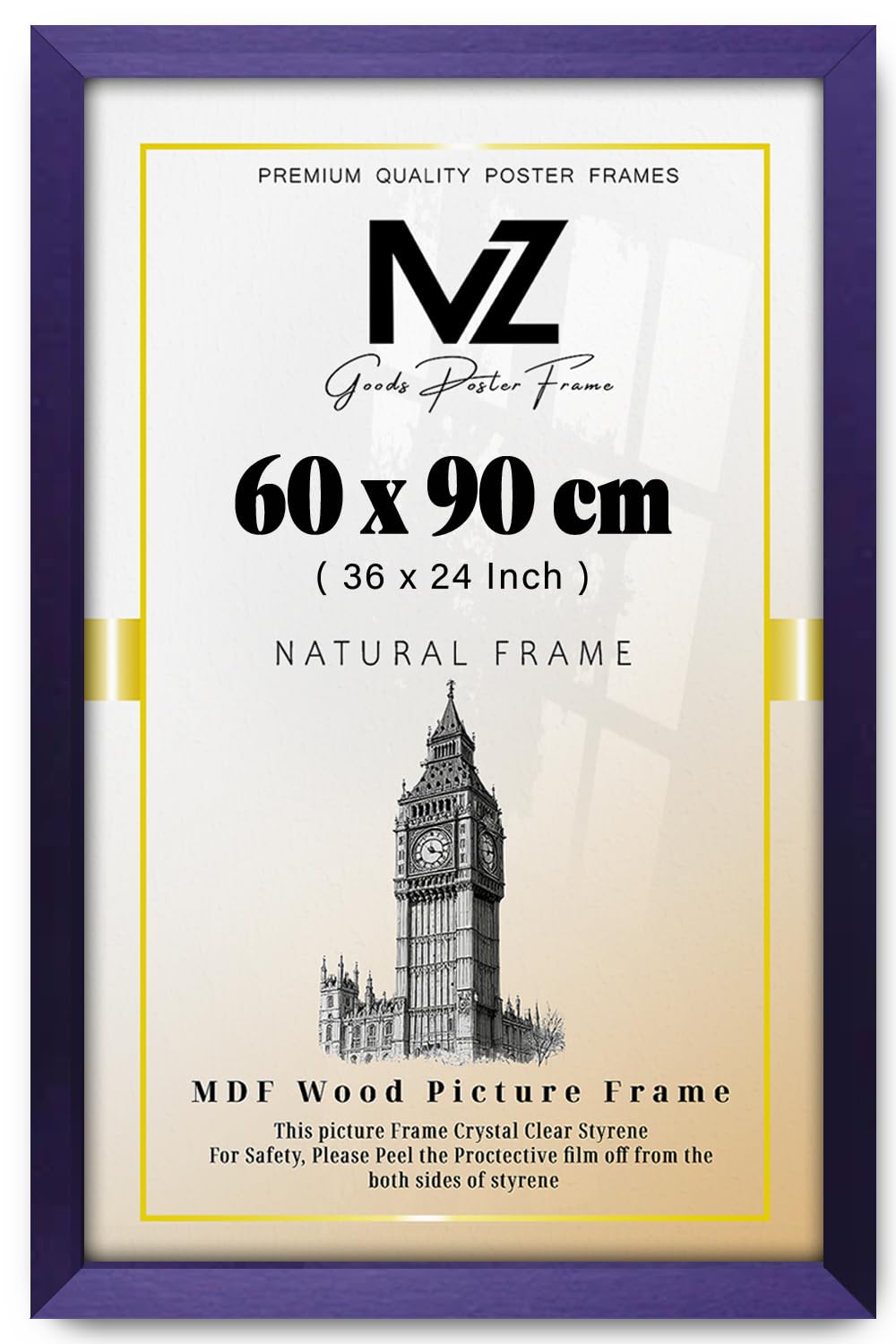 MZ GOODS | MDF Poster Frame (60 x 90 CM) 24 Ideal for Art, Home & Office Décor, Stylish Finish, Portrait & Landscape Mounting Hooks Included [ Purple ]